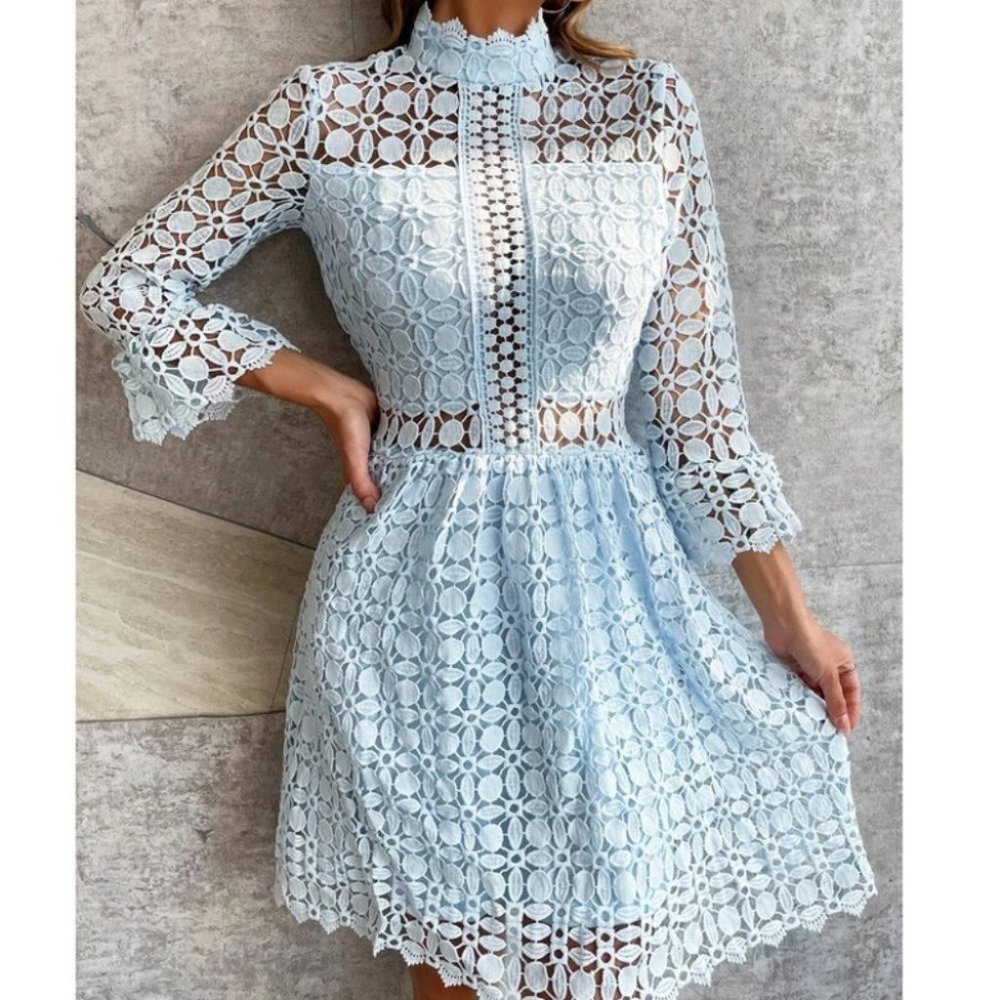 Mesh Insert Mock Neck Flounce Sleeve Lace Dress Blue